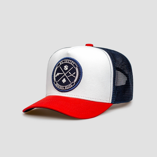 Boné Mr. Shelby Trucker Brasão Azul, Branco e Vermelho